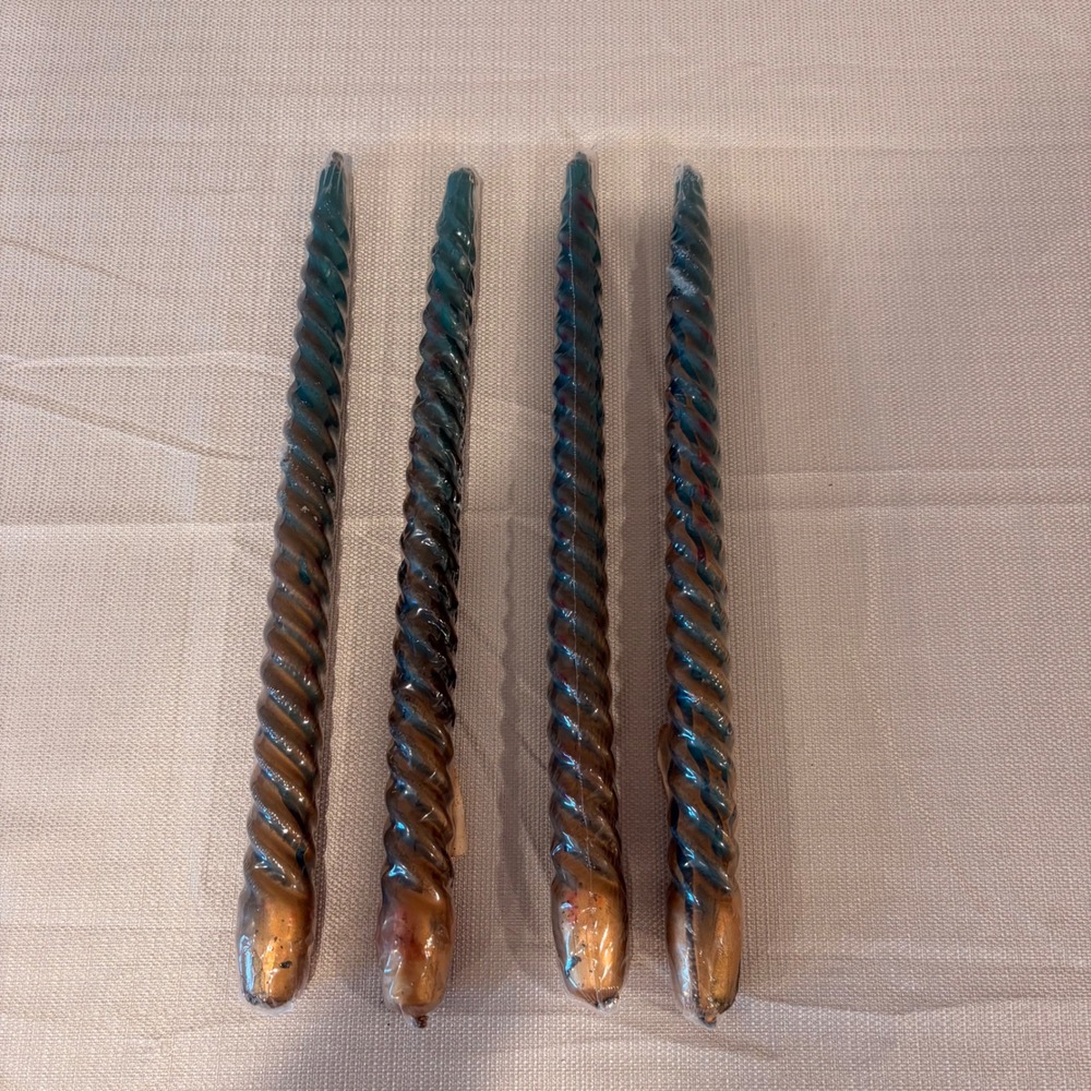 4 Twisted Taper Candles Green Gold Metallic Spiral Design